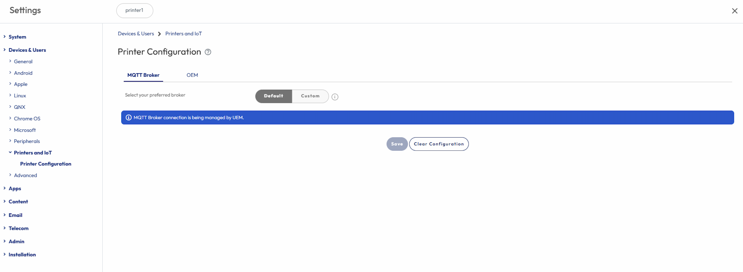 OEM Registration page displaying the Zebra Printer Configuration is enabled. OEM Registration page displaying the Zebra Printer Configuration is enabled.