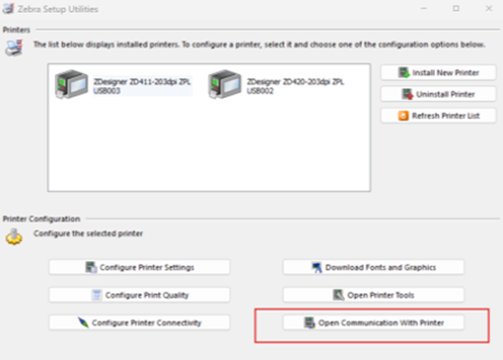 Zebra Setup Utilities showing open commnunication option Zebra Setup Utilities showing open commnunication option