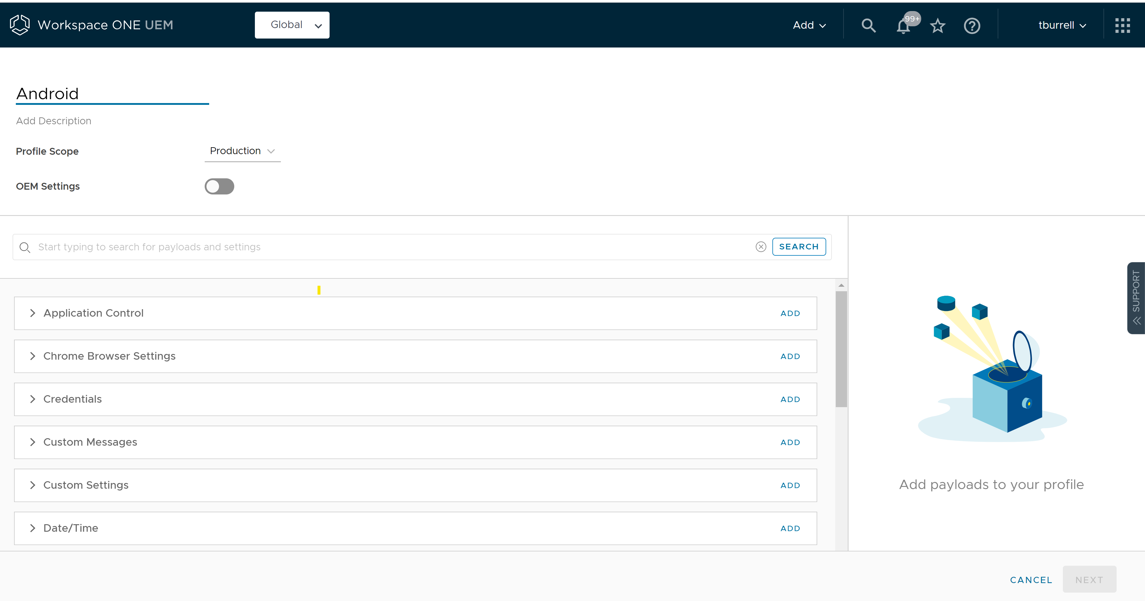 This image shows you a screenshot of the UEM console Add Profile page.