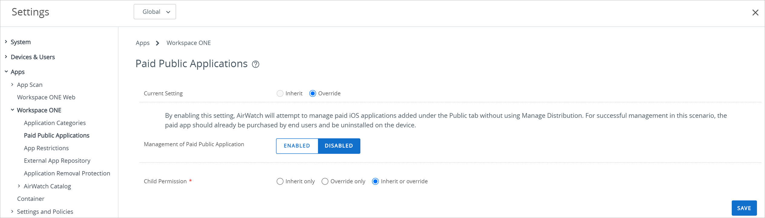 Navigationspfad zur Einstellung in der Workspace ONE UEM Console für die Aktivierung der Bereitstellung einer gekauften öffentlichen App wird angezeigt.