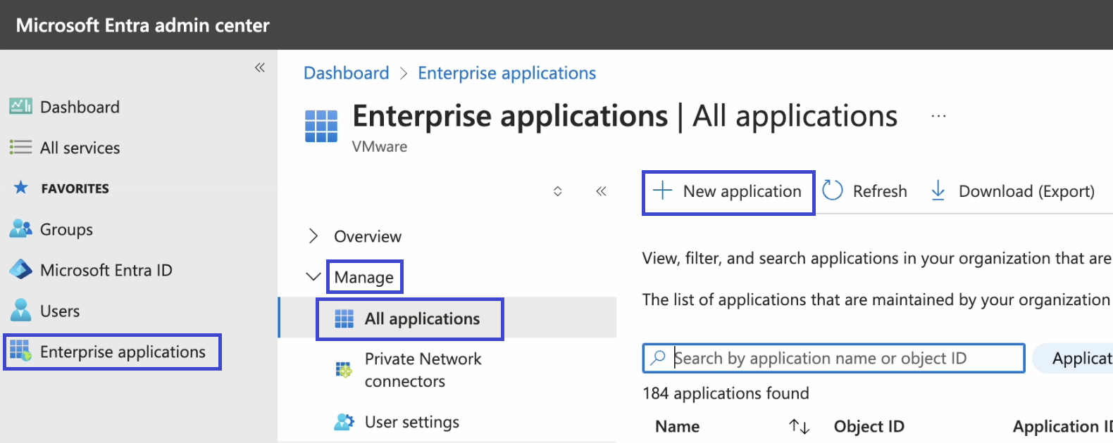Screenshot der Seite „Unternehmensanwendungen“ in Entra mit + neuer Anwendung.