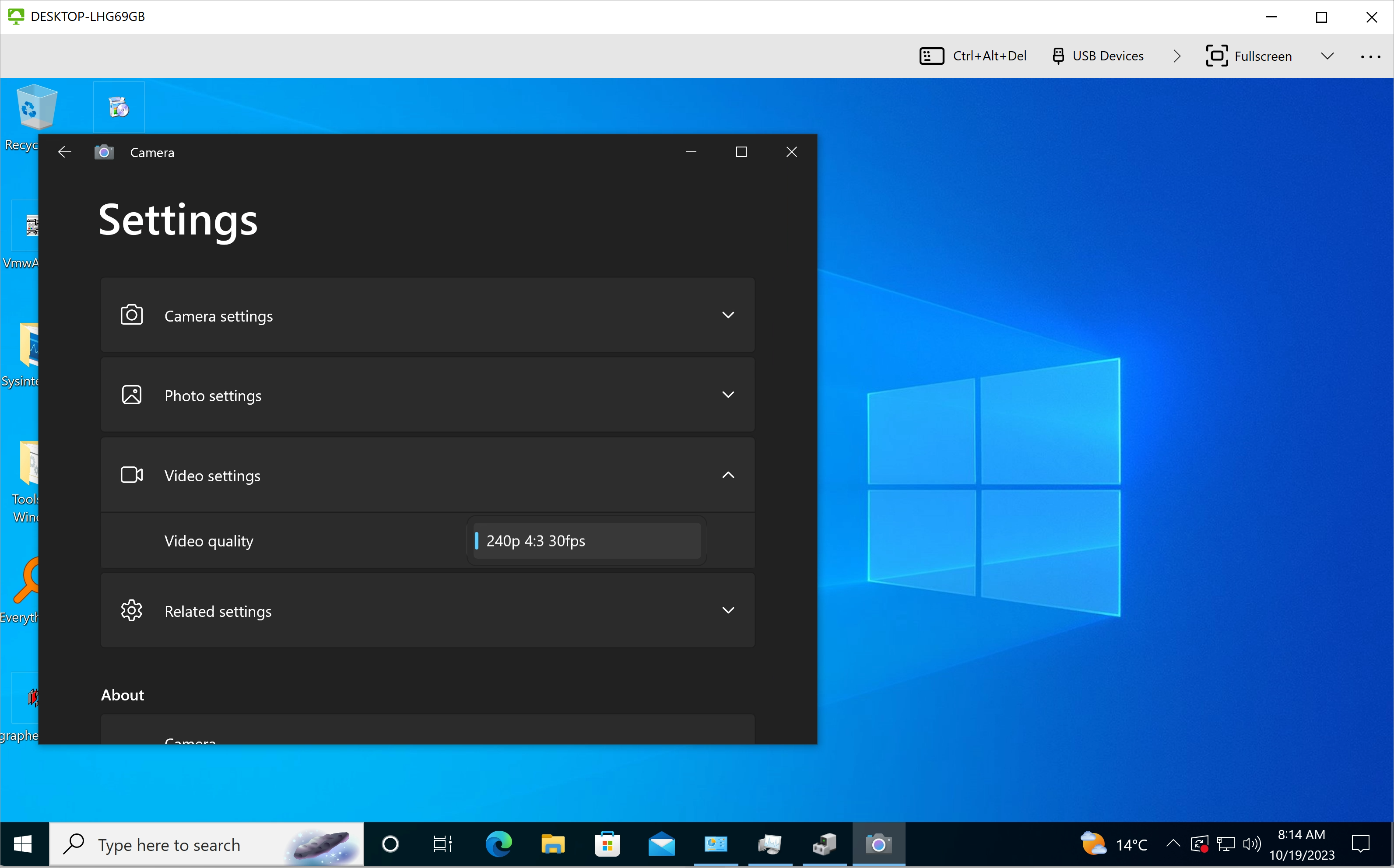 In einem Fenster mit Geräteeinstellungen auf dem Remote-Desktop wird angezeigt, dass nur eine einzige Webcam-Auflösung verfügbar ist.