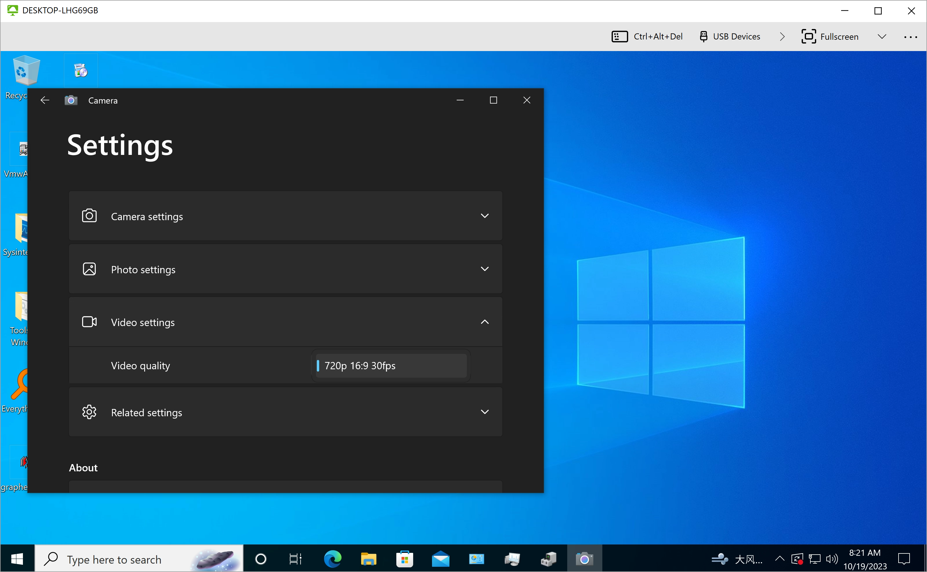 In den Geräteeinstellungen auf dem Remote-Desktop werden die Auswirkungen angezeigt, die sich aus der Änderung der Standardauflösung der Webcam ergeben.