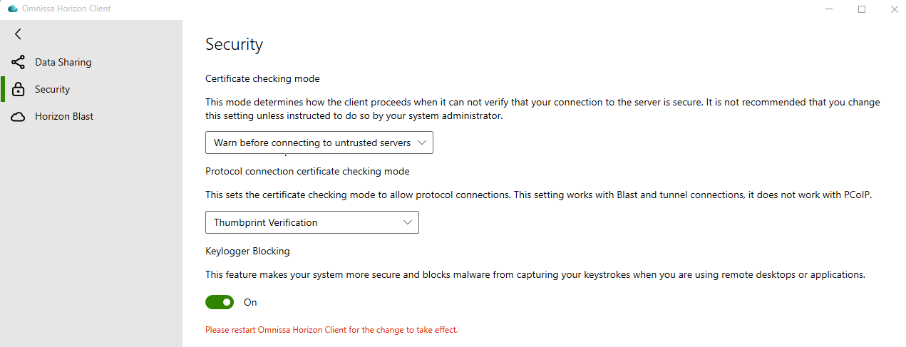 Dieser Screenshot zeigt den Bildschirm „Sicherheit“ mit „Warnung vor Verbindung ausgeben“ und aktivierter Fingerabdrucküberprüfung bei aktiviertem Keylogger. Dieser Screenshot zeigt den Bildschirm „Sicherheit“ mit „Warnung vor Verbindung ausgeben“ und aktivierter Fingerabdrucküberprüfung bei aktiviertem Keylogger.