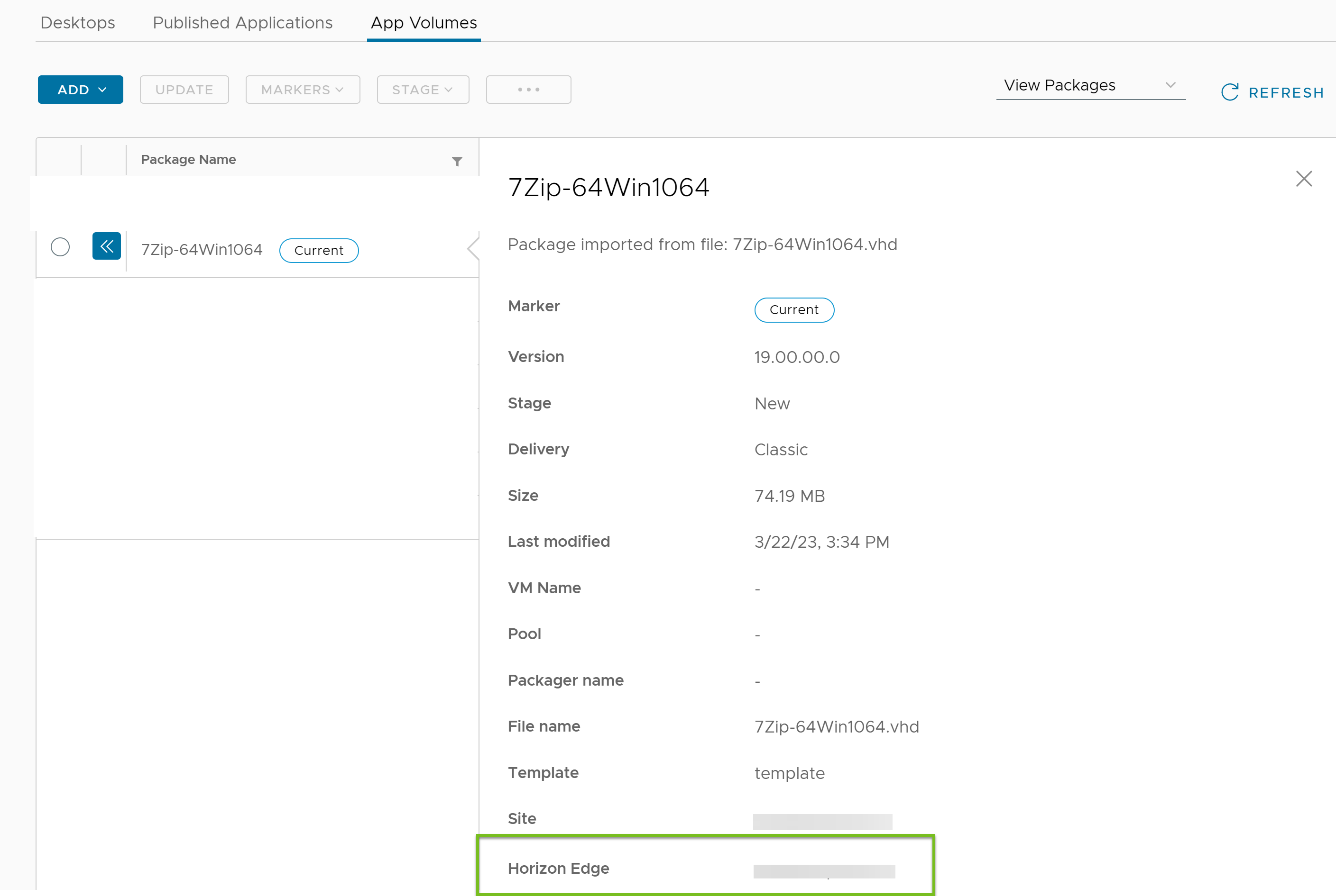 Das Fenster mit den Anwendungspaketdetails enthält die Horizon Edge-Informationen. Das Fenster mit den Anwendungspaketdetails enthält die Horizon Edge-Informationen.