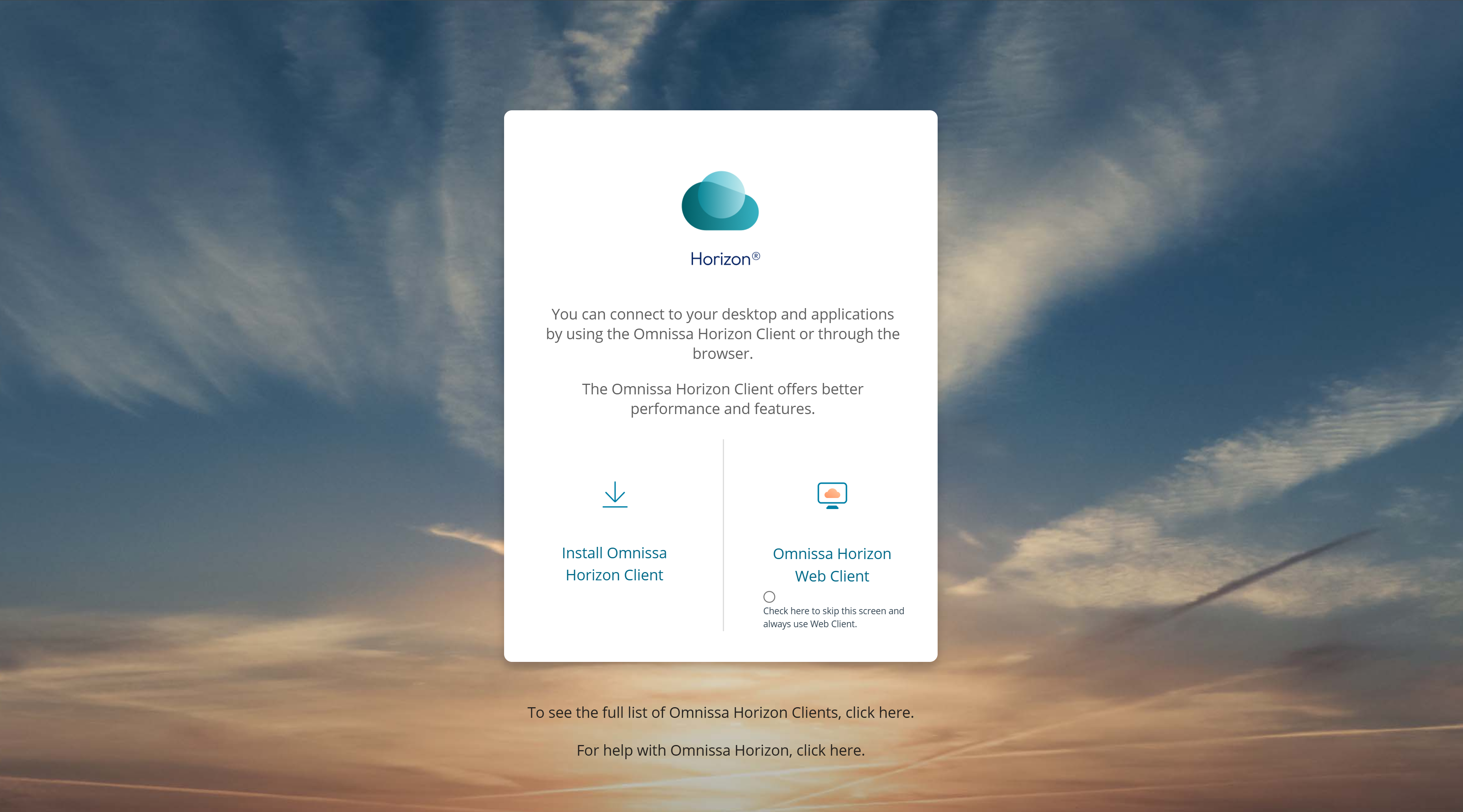 Das Horizon-Portal bietet Auswahlkacheln zur Installation der nativen Omnissa Horizon Client-Anwendung oder zum Starten der Ressource mit Horizon Web Client. Das Horizon-Portal bietet Auswahlkacheln zur Installation der nativen Omnissa Horizon Client-Anwendung oder zum Starten der Ressource mit Horizon Web Client.
