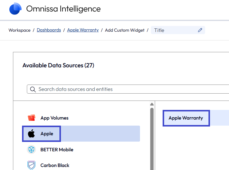 Nachdem Sie Ihre Apple Business Manager-Garantieinformationen integriert haben, bietet das System Apple Business Manager als Datenquelle zum Hinzufügen zu Widgets an.