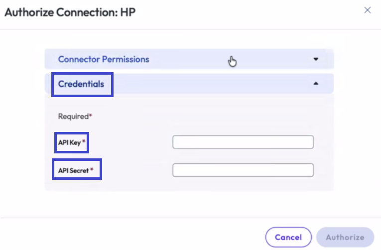 Fügen Sie den Schlüssel und den geheimen Schlüssel hinzu, die Sie von der HP-Garantie-API-Tech-Gruppe erhalten haben.