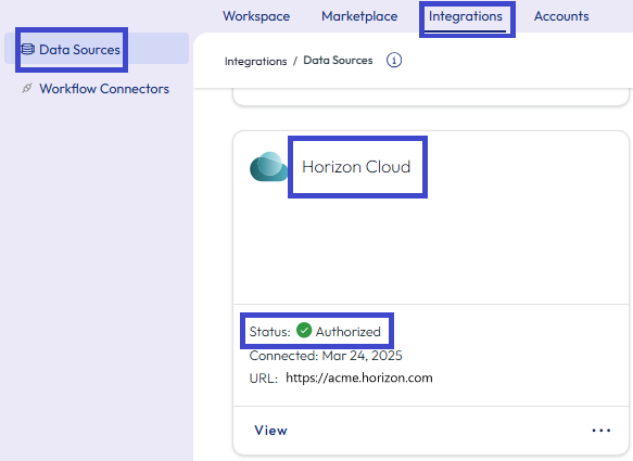 Prüfen Sie, ob Ihre Horizon First-Gen und Intelligence verbunden sind, indem Sie die Karte „Horizon Cloud“ im Abschnitt für Integrationen überprüfen. Prüfen Sie, ob Ihre Horizon First-Gen und Intelligence verbunden sind, indem Sie die Karte „Horizon Cloud“ im Abschnitt für Integrationen überprüfen.