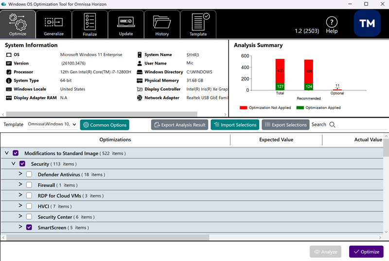 Omnissa Horizon Windows OS Optimization Tool nach dem Klicken auf „Analysieren“