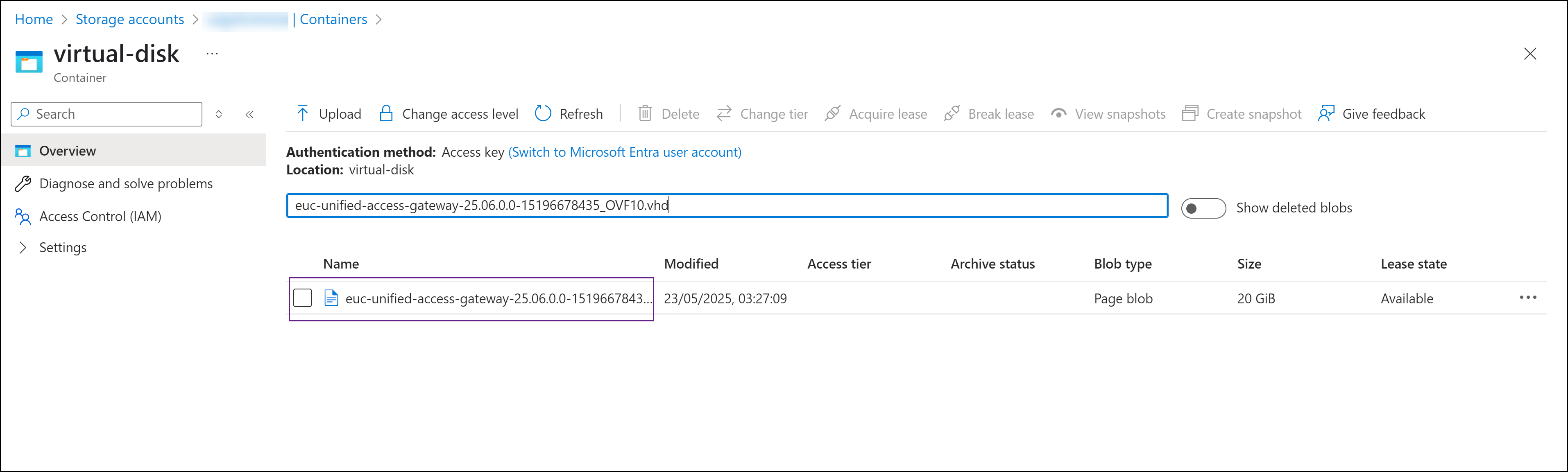 Das hochgeladene VHD-Image wird im Container der virtuellen Festplatte aufgelistet.