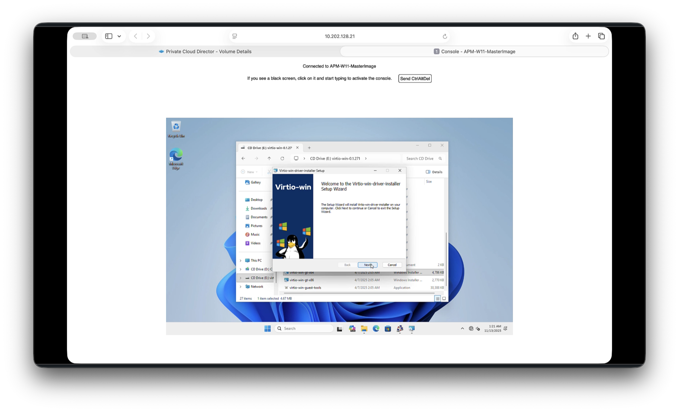 Fenster der Treiberinstallation, in dem die Auswahl „VirtIO-Win-Drivers“ angezeigt wird Fenster der Treiberinstallation, in dem die Auswahl „VirtIO-Win-Drivers“ angezeigt wird