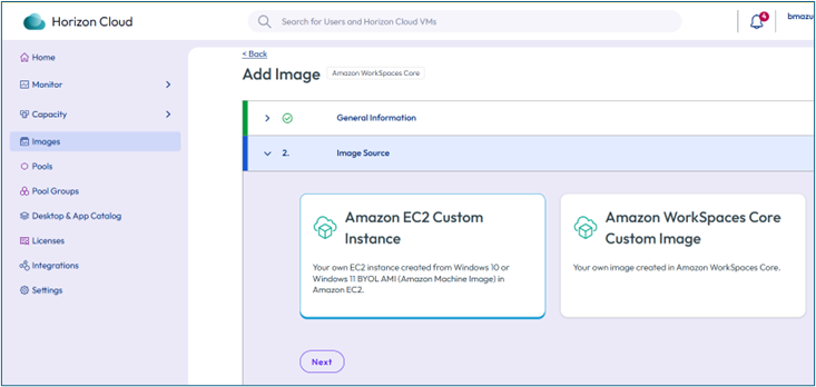 Abschnitt „Image-Quelle“ mit aktivierter Optionsschaltfläche „Amazon EC2“ für den Import vorhandener AMI