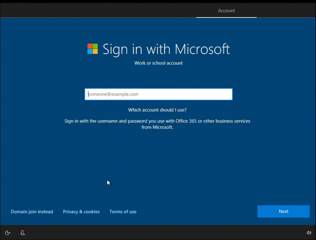 Ein animiertes GIF, das die Fortschrittsanzeige bei der Registrierung über die Windows-Willkommensseite (OOBE) in Aktion anzeigt. Ein animiertes GIF, das die Fortschrittsanzeige bei der Registrierung über die Windows-Willkommensseite (OOBE) in Aktion anzeigt.