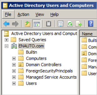 Screenshot einer Beispieldomäne im Fenster "Active Directory-Benutzer und -Computer".