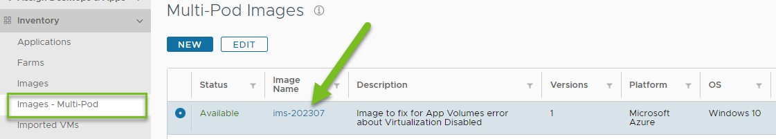Screenshot des Images auf der Seite "Multi-Pod-Images" mit einem grünen Pfeil, der auf die zu klickende Stelle zeigt.
