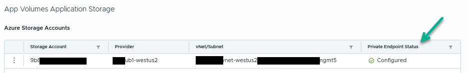 Screenshot des Status auf der Benutzeroberfläche, der anzeigt, wann der private Endpoint konfiguriert wurde.