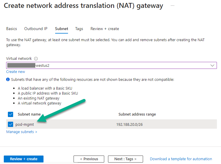 Screenshot des Schritts „Subnetz“ des Assistenten „NAT-Gateway erstellen“. Screenshot des Schritts „Subnetz“ des Assistenten „NAT-Gateway erstellen“.