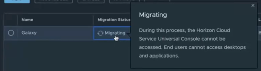 Screenshot der Migrationsseite mit der laufenden Migration des Pods der ersten Generation