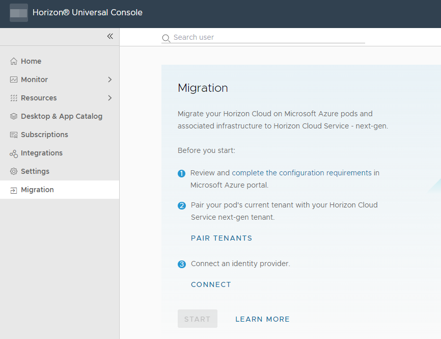Screenshot der Migrationsseite in der Horizon Cloud Console. Screenshot der Migrationsseite in der Horizon Cloud Console.