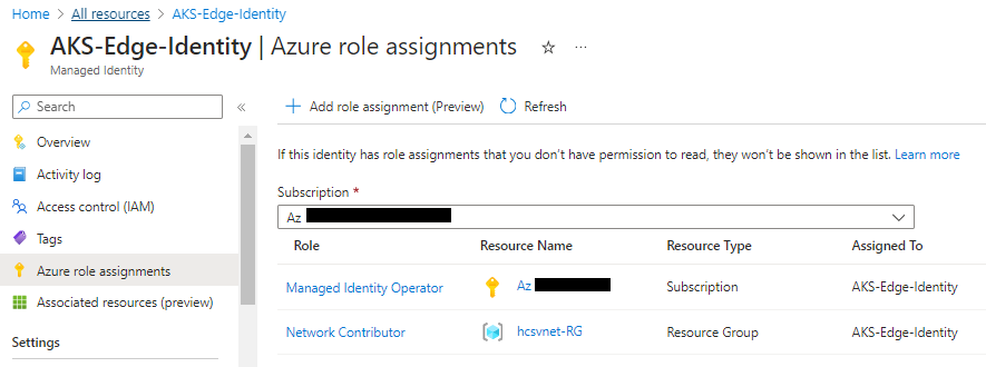 Screenshot des Satzes von Azure-Rollenzuweisungen für die vom Benutzer zugewiesene verwaltete Identität. Screenshot des Satzes von Azure-Rollenzuweisungen für die vom Benutzer zugewiesene verwaltete Identität.