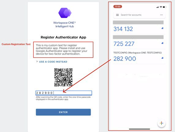 Bildschirm zur Registrierung der Authentifizierer-App mit QR-Code Screenshot der Nachricht „Authentifizierer-App registrieren“, QR-Code und Gerätepasscode