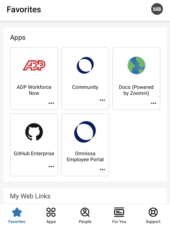 Workspace ONE Intelligent Hub auf einem Gerät Screenshot von Workspace ONE Intelligent Hub mit Anzeige der Favoriten auf einem Gerät
