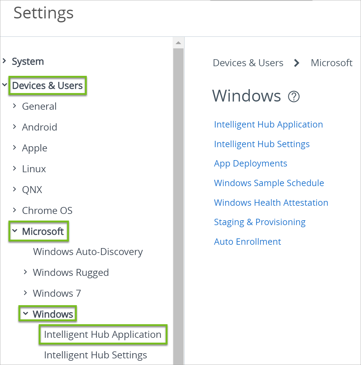 Navigationspfad zur Intelligent Hub-Anwendung.