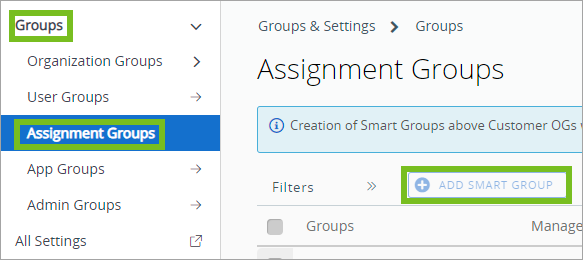 Zeigt den Ort zum Hinzufügen von Smartgroups in der UEM Console an
