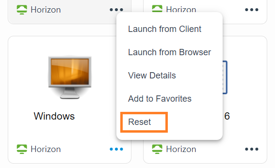 Die Abbildung zeigt einen Horizon-Desktop im Benutzerportal mit dem Pop-up-Menü, das den Befehl „Zurücksetzen“ enthält.