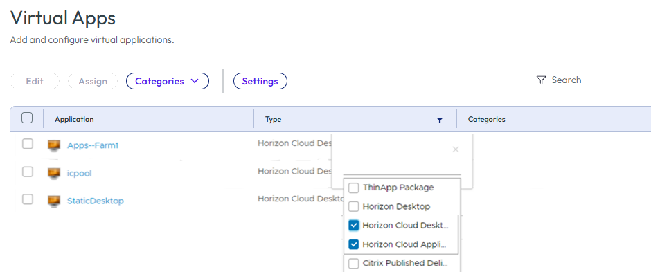Die Seite „Virtuelle Apps“ zeigt nur Anwendungen vom Typ „Horizon Cloud-Desktop“ und „Horizon Cloud-Anwendung“ an.