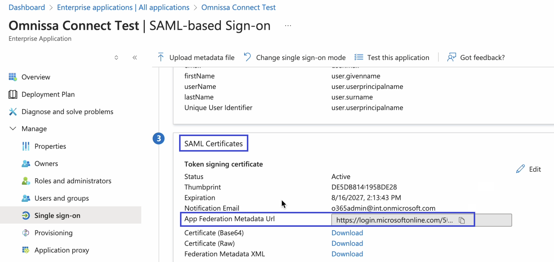 Captura de pantalla de la URL en Microsoft Entra ID para copiar y pegar en Omnissa Connect.