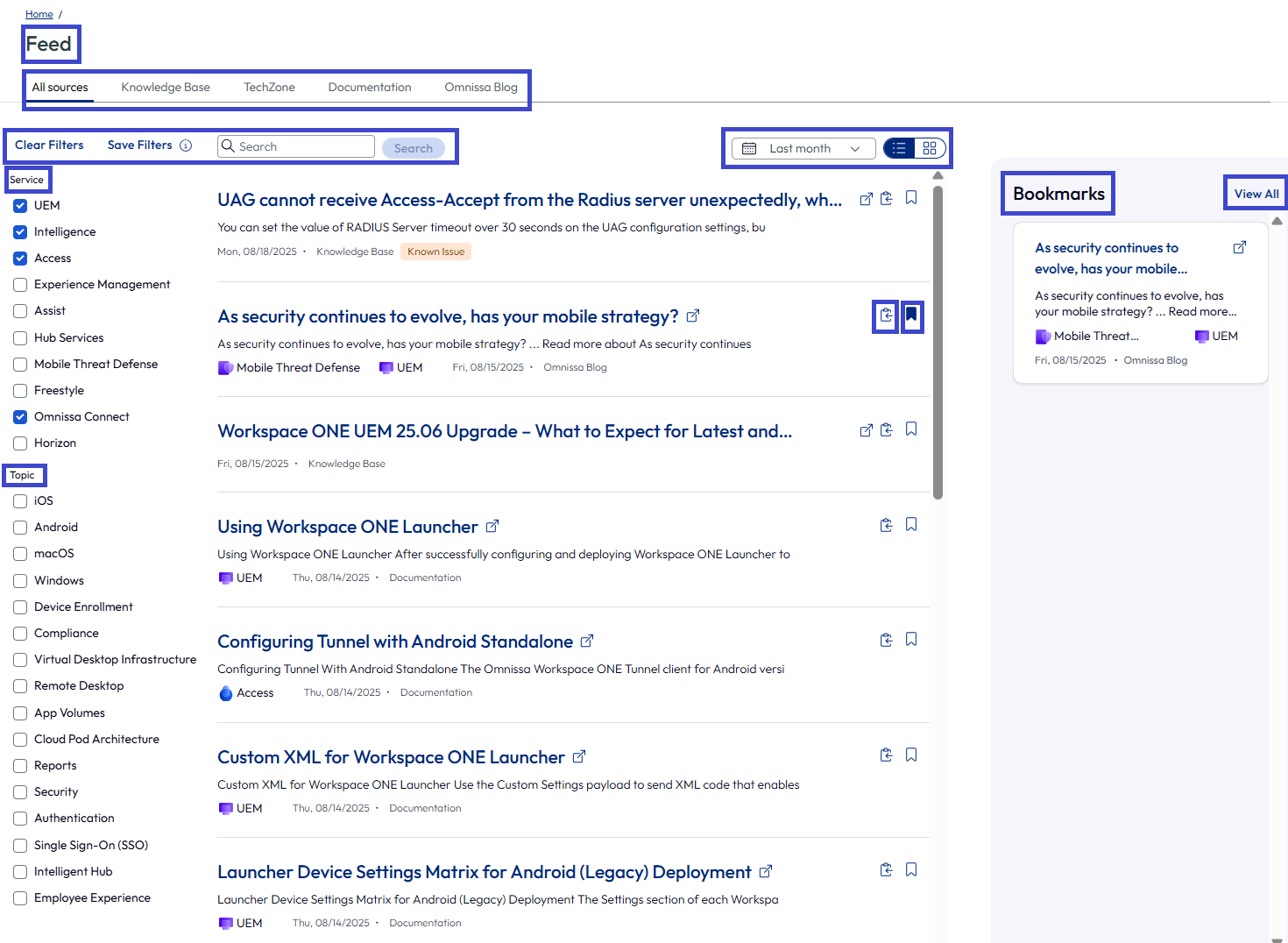 La página Feed incluye varias acciones para ayudarle a encontrar el contenido que desea. Utilice las pestañas, los filtros, el filtro de hora y la búsqueda.