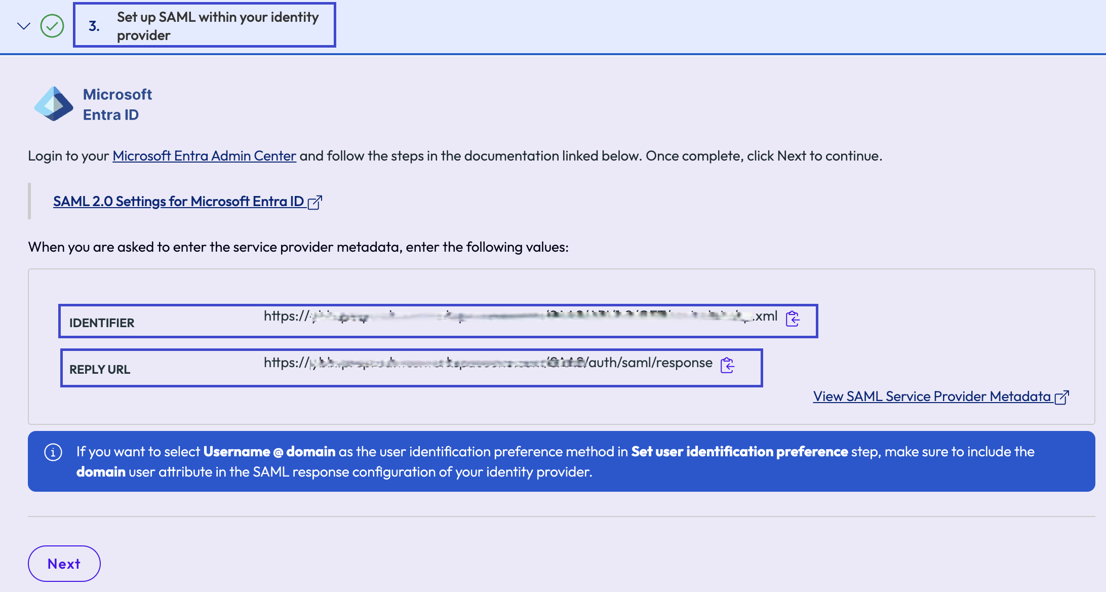 Imagen de dónde puede copiar el Identificador y la URL de respuesta en Omnissa Connect para poder configurar correctamente el SSO de SAML en Entra ID.