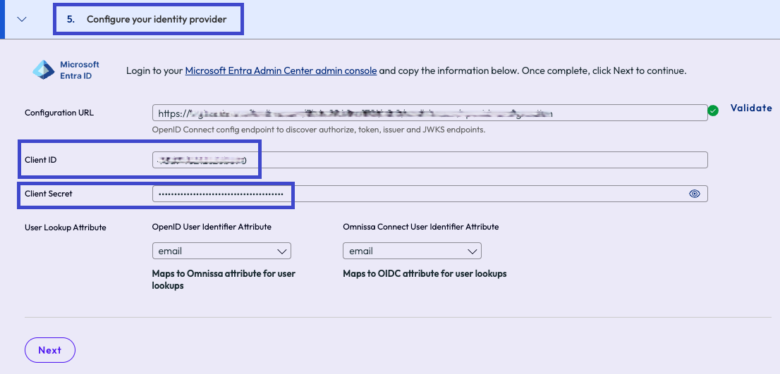 Imagen de dónde pegar el Valor y el ID de secreto que copió de Entra ID.