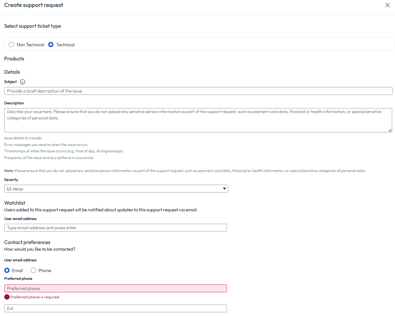 Incluso si desea comunicarse por correo electrónico, el sistema de tickets de solicitud exige un número de teléfono preferido.
