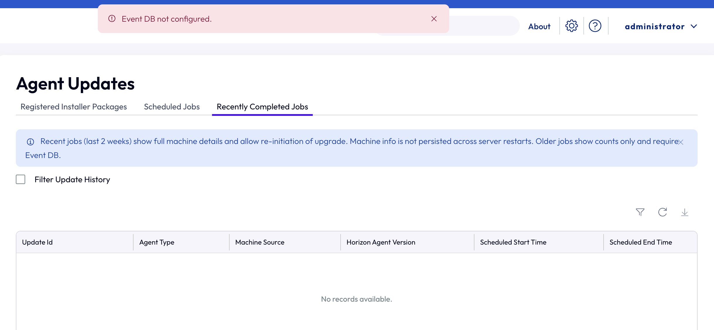 Mensaje de advertencia que indica que la base de datos de eventos no está configurada Mensaje de advertencia que indica que la base de datos de eventos no está configurada