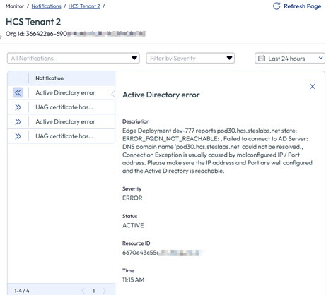 Error de Active Directory que muestra la gravedad, el estado, el ID de recurso, la marca de tiempo y los pasos para solucionarlo