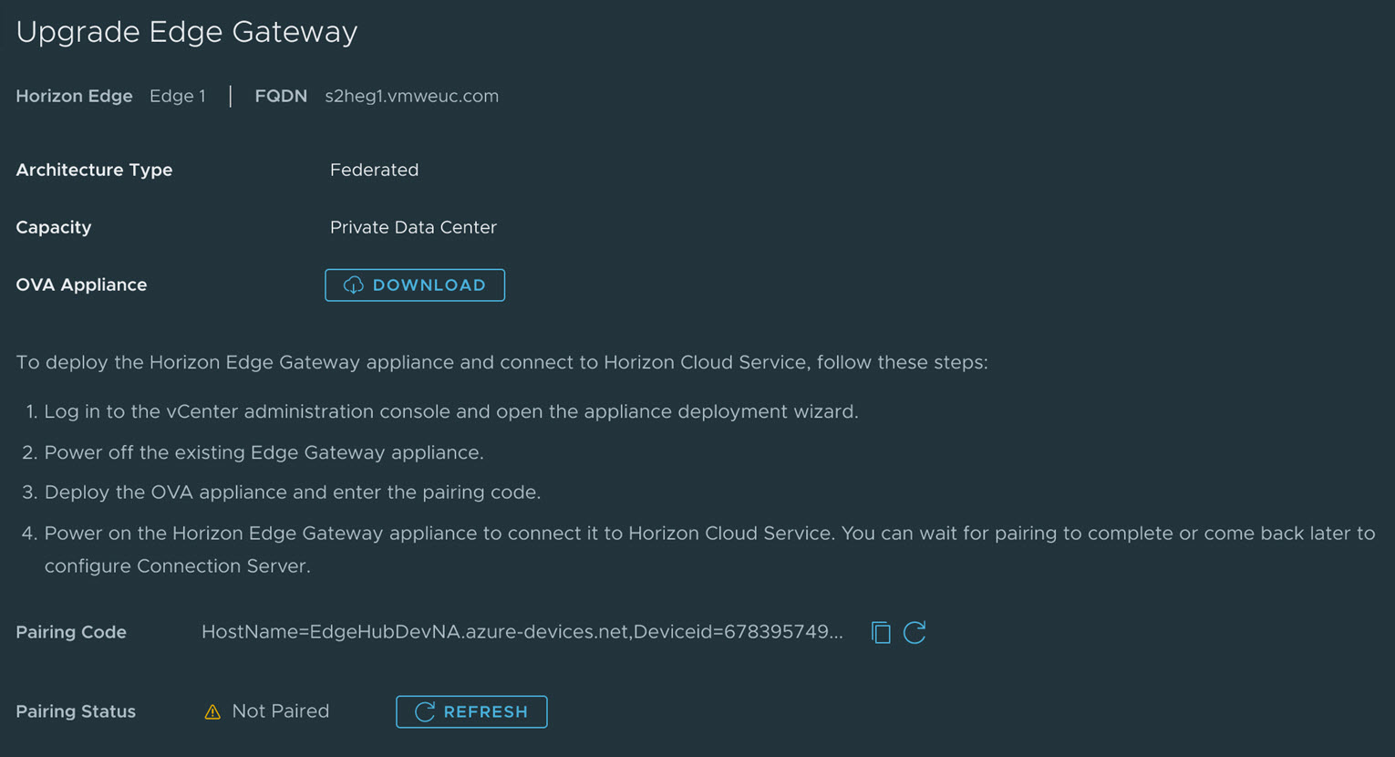 Instrucciones en pantalla para actualizar la instancia de Edge Gateway