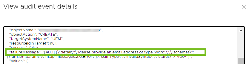 En la ventana emergente, "failureMessage" indica un mensaje de tipo: "Proporcione una dirección de correo electrónico de tipo trabajo" (Please provide an email address of type work). En la ventana emergente, "failureMessage" indica un mensaje de tipo: "Proporcione una dirección de correo electrónico de tipo trabajo" (Please provide an email address of type work).