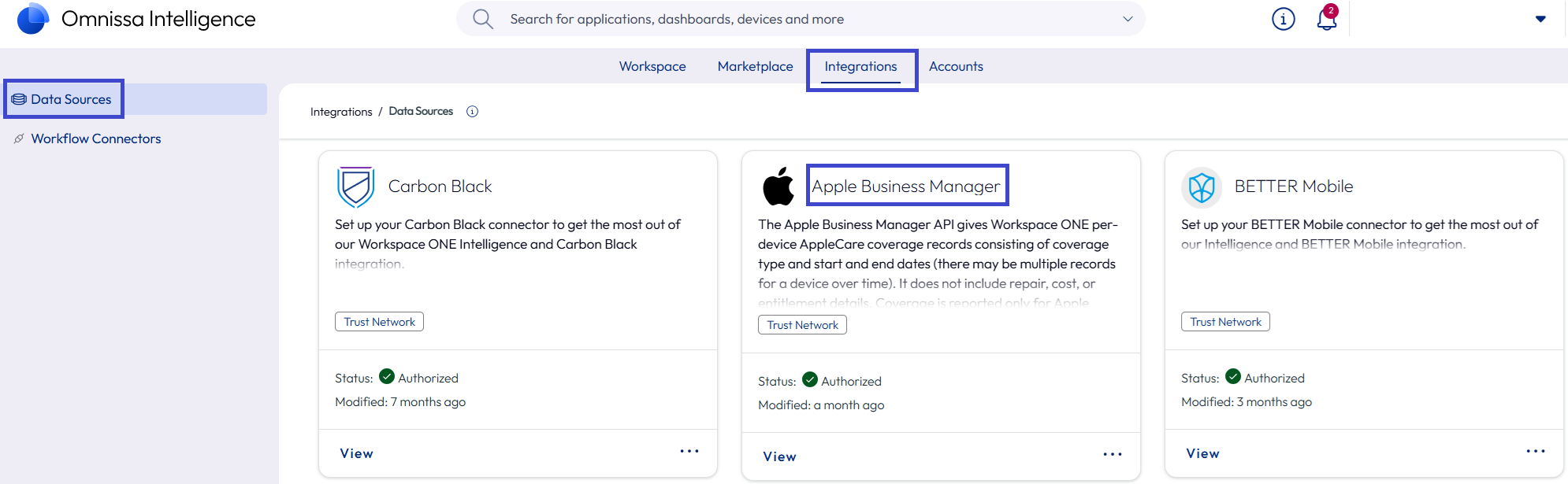 Desplácese hasta el mosaico Apple Business Manager en el área Orígenes de datos para integrar los datos de la garantía. Desplácese hasta el mosaico Apple Business Manager en el área Orígenes de datos para integrar los datos de la garantía.