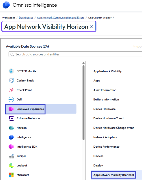 El origen de datos Experiencia del empleado tiene dos entidades App Network Visibility, por lo que debe utilizar una para Horizon cuando desee información de la aplicación Horizon.