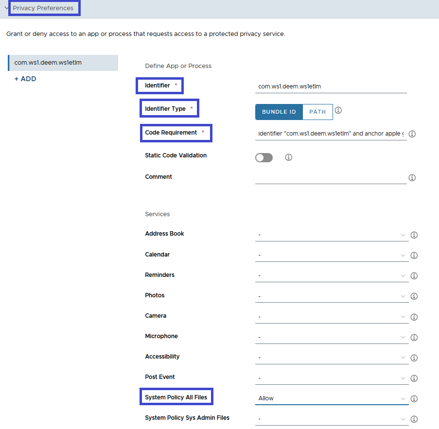 Configure el perfil Preferencias de privacidad con los ajustes indicados.