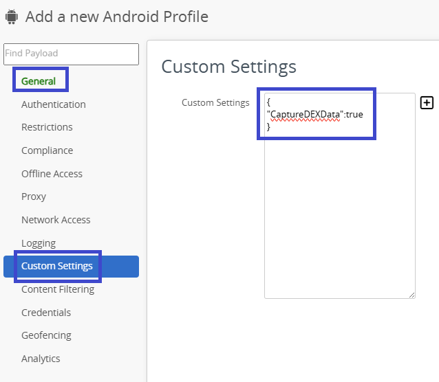 Captura de pantalla del perfil de SDK personalizado para Launcher, en la que se ha seleccionado Configurar para ajustes personalizados y se ha introducido el par de clave-valor para activar la recopilación de datos de Mobile DEX.