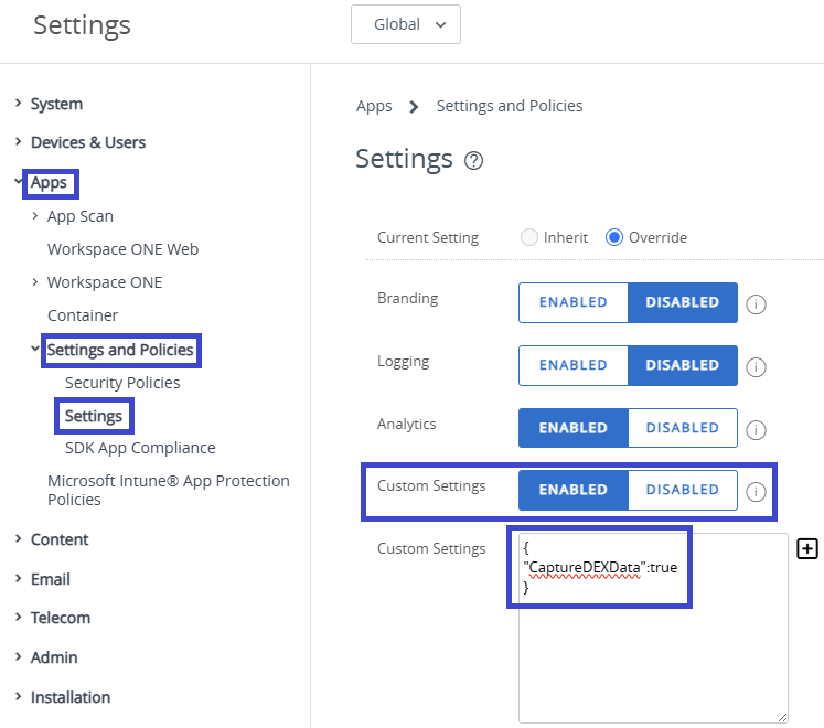 Imagen del perfil de SDK predeterminado con la opción Ajustes personalizados activada y un par clave-valor introducido en el campo Ajustes personalizados.