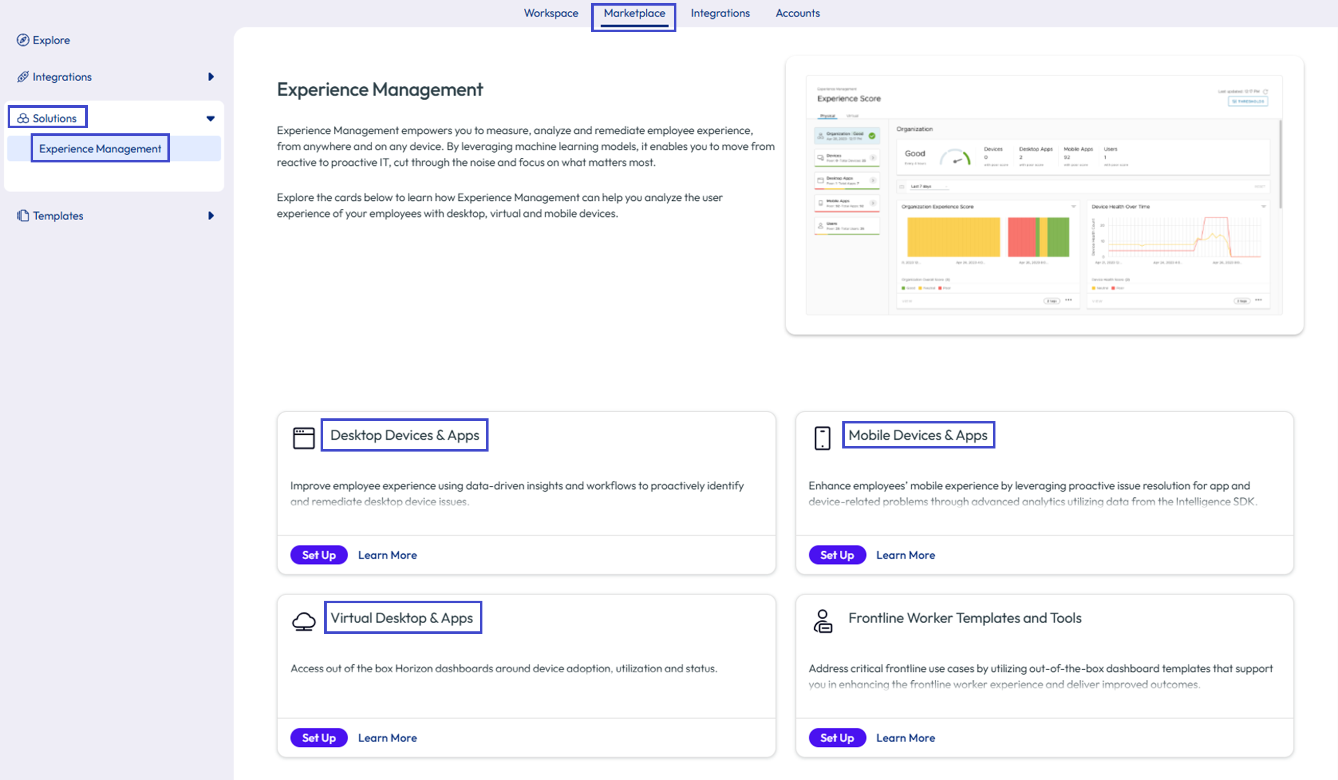Seleccione un mosaico para configurar las soluciones de Experience Management para UEM, el SDK de Intelligence y Horizon. Seleccione un mosaico para configurar las soluciones de Experience Management para UEM, el SDK de Intelligence y Horizon.