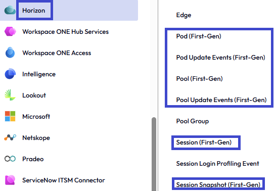 Utilice la categoría Horizon para encontrar una lista de los puntos de datos disponibles en los que puede basar el widget personalizado. Utilice la categoría Horizon para encontrar una lista de los puntos de datos disponibles en los que puede basar el widget personalizado.