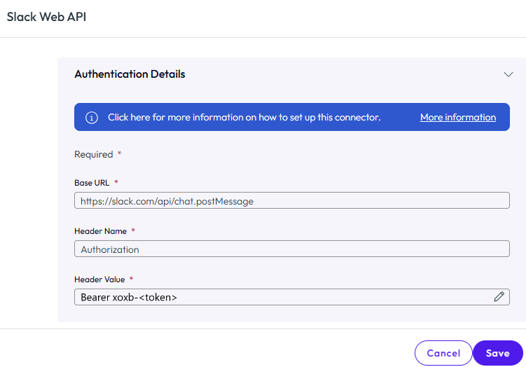 Introduzca el texto exacto para la configuración de la API web de Slack.