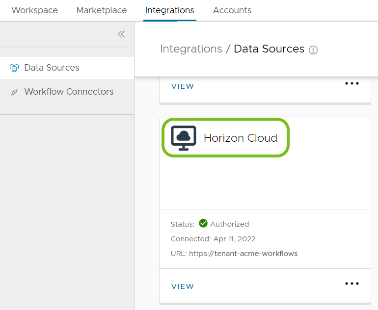 Para integrar Horizon Cloud First-Gen, utilice la tarjeta Orígenes de datos. El sistema activa Horizon Cloud Next-Gen por usted. Para integrar Horizon Cloud First-Gen, utilice la tarjeta Orígenes de datos. El sistema activa Horizon Cloud Next-Gen por usted.