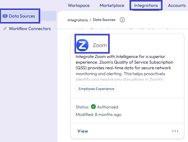Utilice el mosaico de Zoom en Orígenes de datos para iniciar el proceso de autorización. Utilice el mosaico de Zoom en Orígenes de datos para iniciar el proceso de autorización.